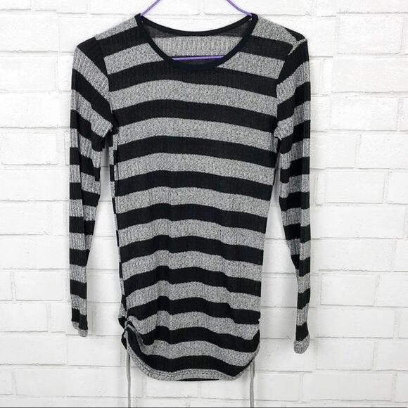 Body Wrappers Black Gray Striped Rib Knit Ruched Side Fitted Shirt Top Size XS - Picture 1 of 8